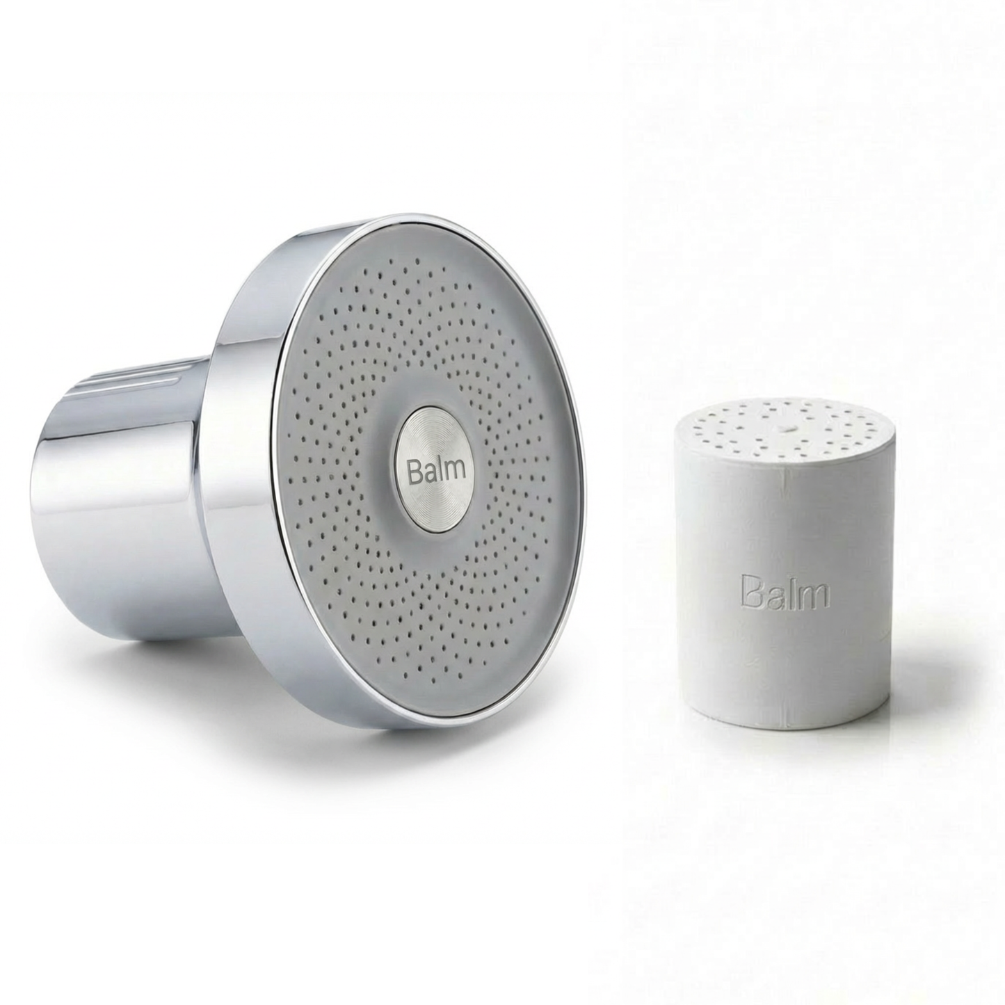 Two silver shower heads with 'Balm' branding on a white background