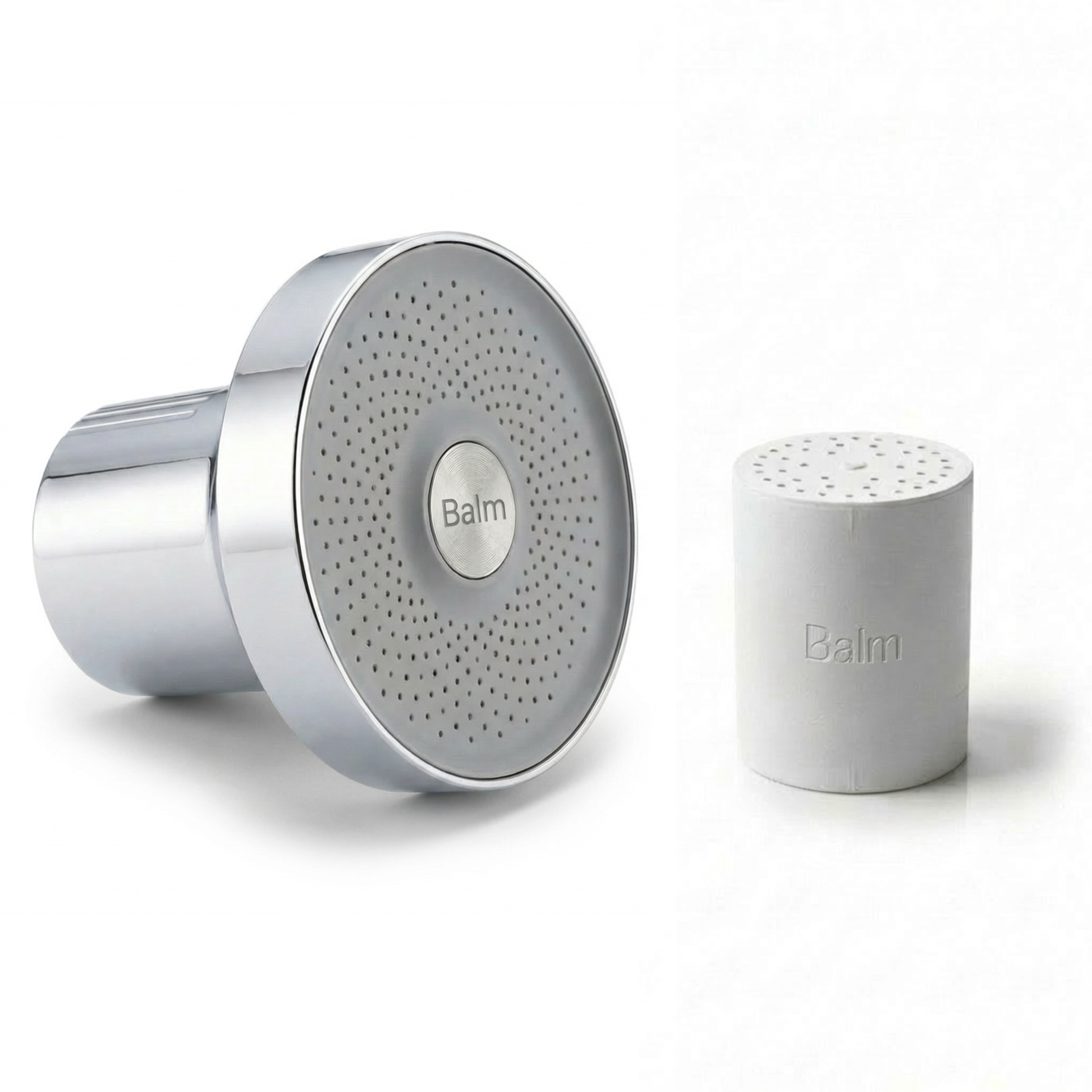 Two silver shower heads with 'Balm' branding on a white background
