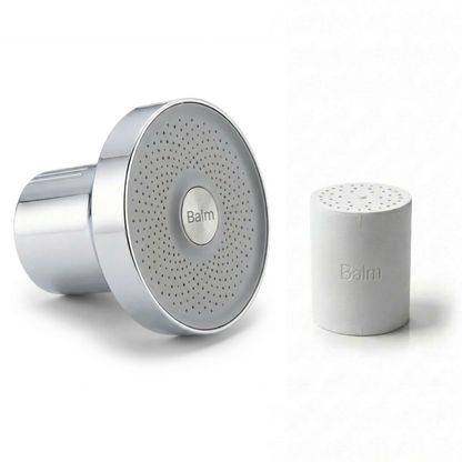 Two silver shower heads with 'Balm' branding on a white background