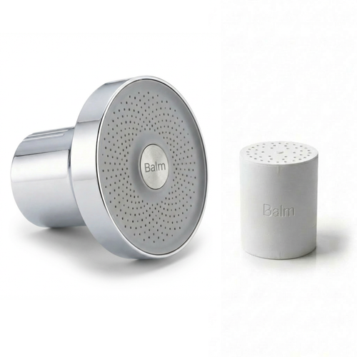 Two silver shower heads with 'Balm' branding on a white background