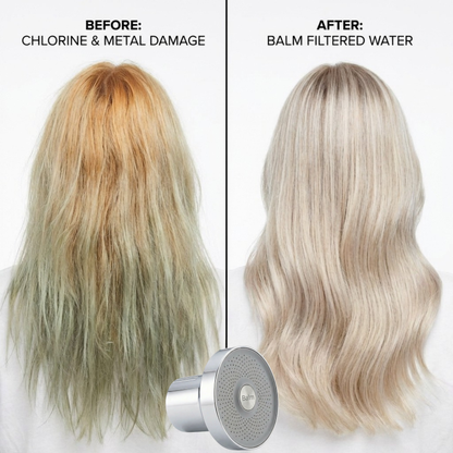 Before and after comparison of hair damage reduction with a product labeled 'Balm Filtered Water'.