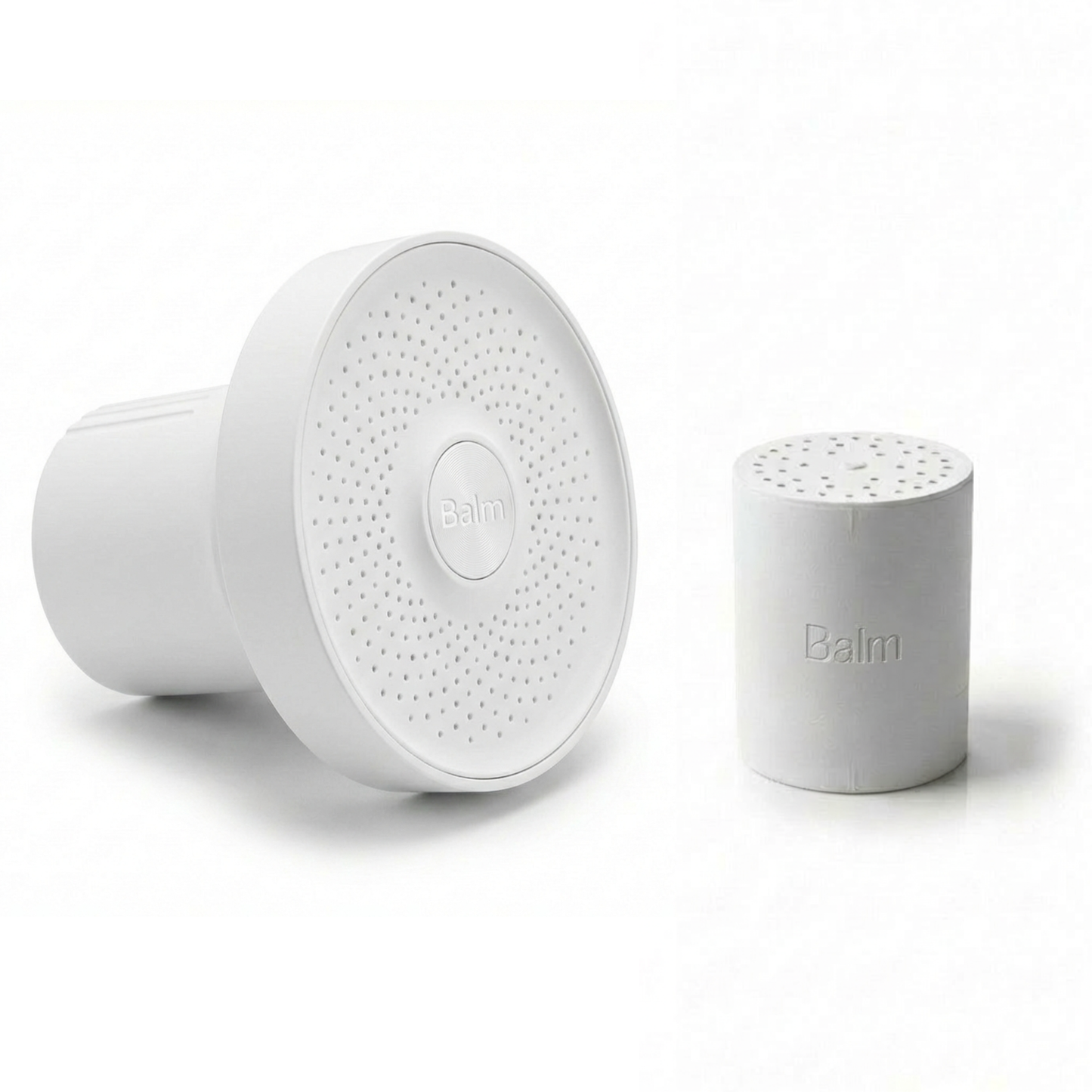 Two white cylindrical devices with 'Balm' branding on a white background