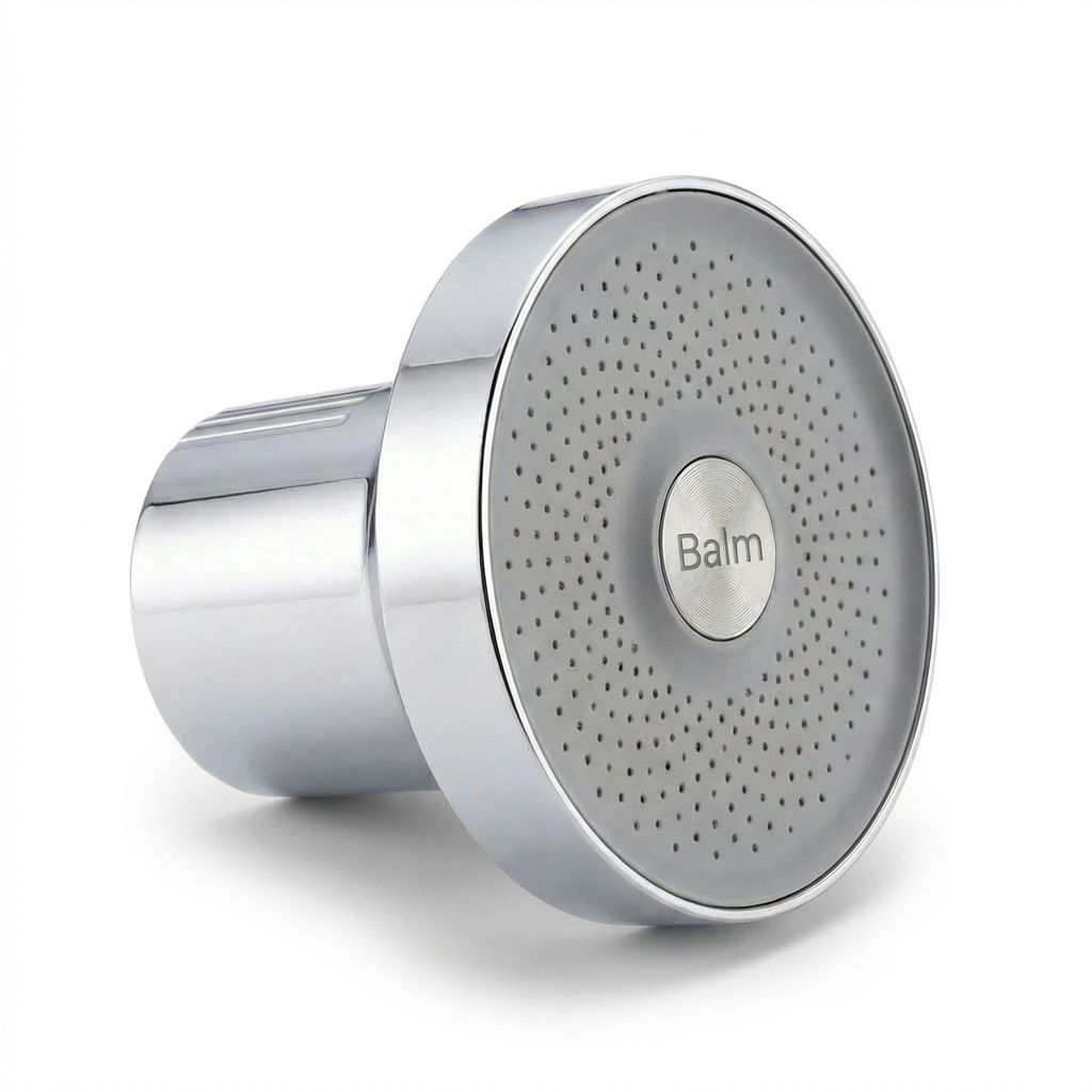 Silver shower head with 'Balm' branding on a white background