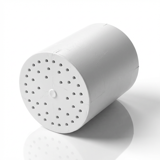 White cylindrical object with a perforated design on a white background