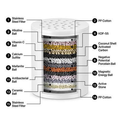 Diagram of a water filter with labeled components on a white background