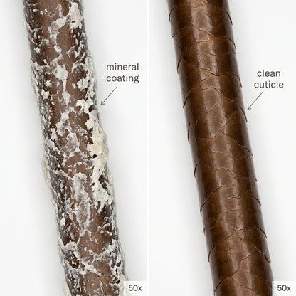 Two snake scales showing a mineral coating and clean cuticle on a white background.